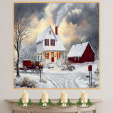 Winter Farmhouse – Cozy Snow-Covered Country Home with Red Barn and Sleigh Wall Art Print on Ready to Hang 1.5" Thick Canvas Wrap, Floating Framed Canvas, Flat Rolled Canvas